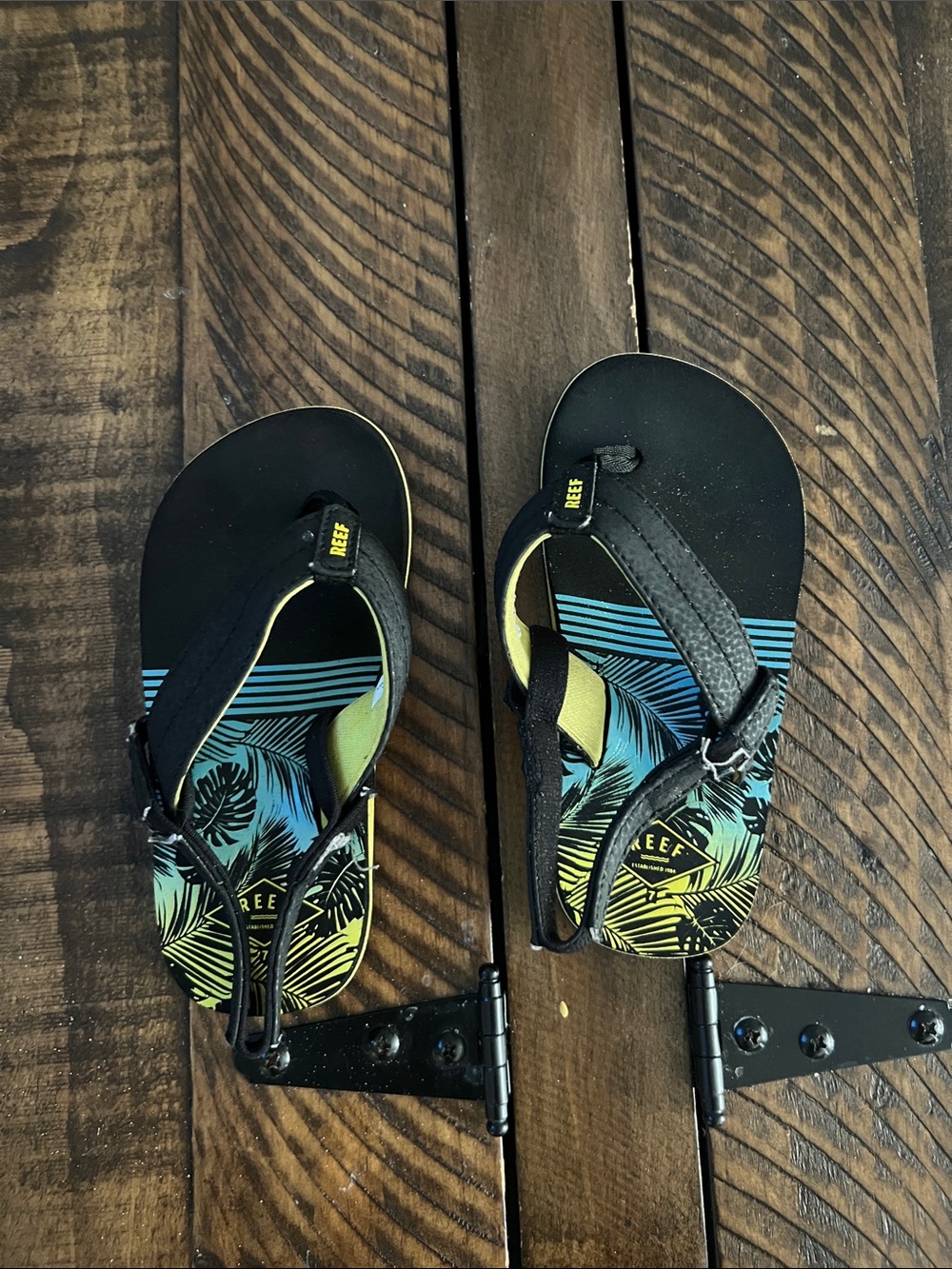 Reef Kids Black Flip Flops with Blue & Yellow Tropical Print